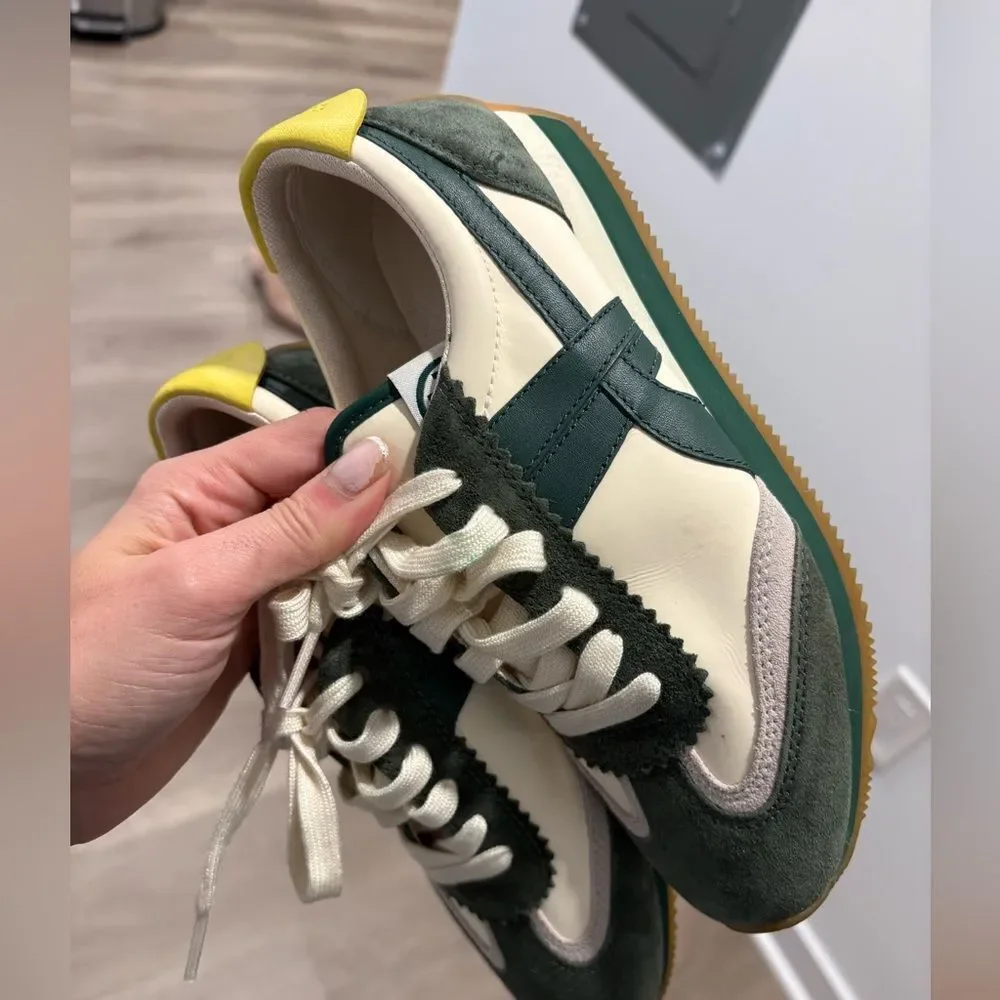 Tory Burch Green and Cream Retro Sneakers with Suede and Mesh